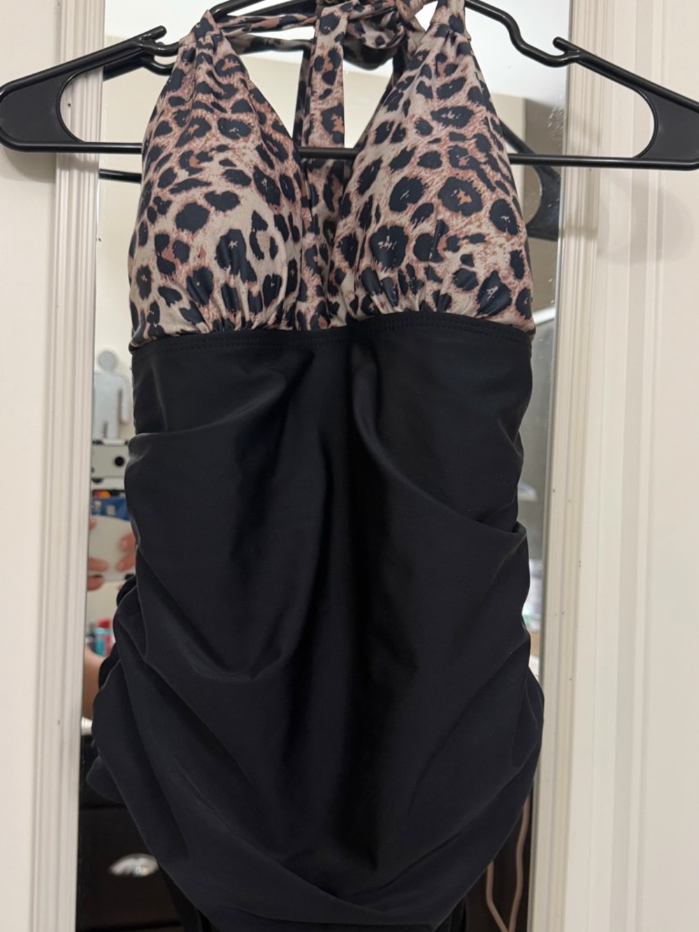 Leopard Halter One-Piece Swimsuit with Black Skirted Body